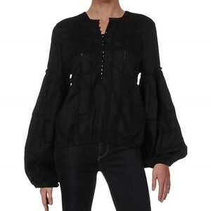 Free People High Swells 100% Linen bell sleeve blouse shirt top small black